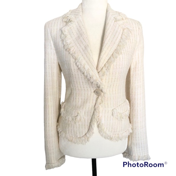Zara Women’s Cream Sparkly Tweed Fringe Trim Blazer Jacket Size 4 - Picture 4 of 13